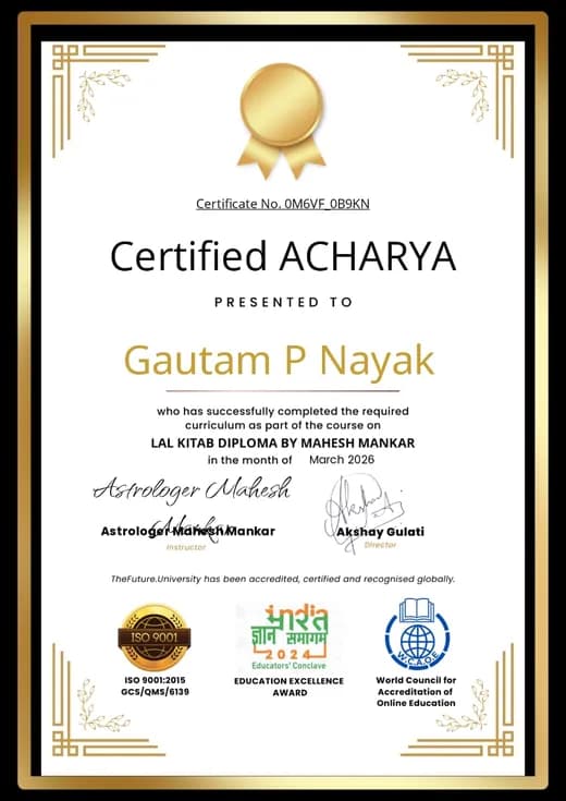 Certified Acharya Lal Kitab Diploma certificate